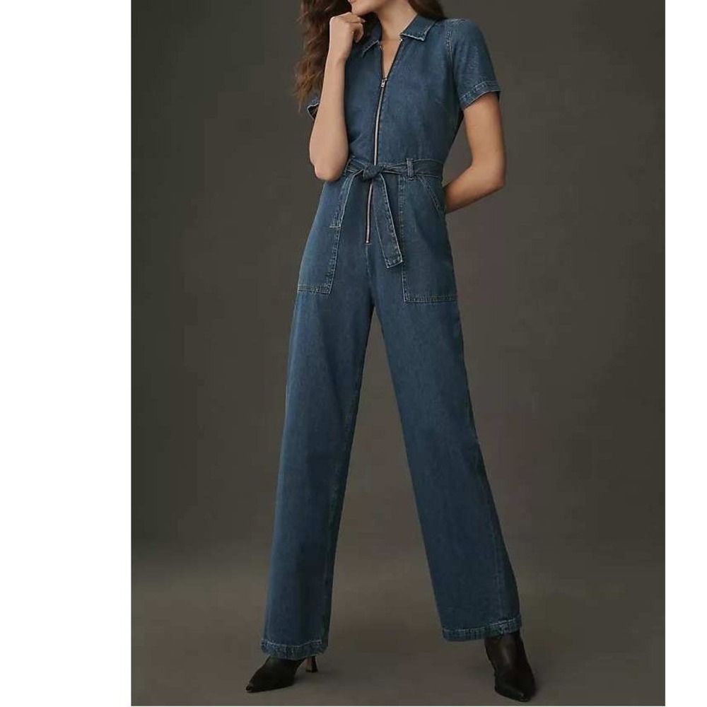 Reformation Jeans Cassidy Denim Jumpsuit Medium Wash Zip Front Tie‎ Waist Size 8